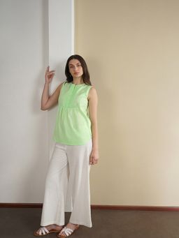Pink Fort - Cotton Solid Round Neck Green Top