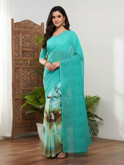 Akhilam - Women Teal Georgette Graphic Saree with Unstitched Blouse