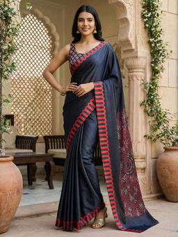 Akhilam - Women Navy Blue Satin Geometric Saree with Unstitched Blouse