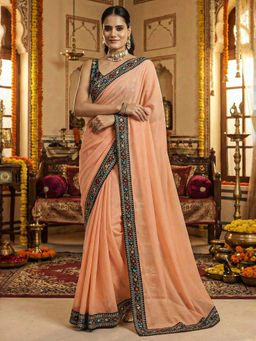 Akhilam - Women Peach Georgette Embellished Saree with Unstitched Blouse