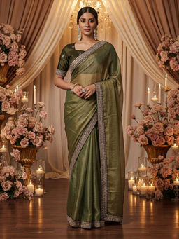 Akhilam - Women Olive Net Embellished Saree with Unstitched Blouse