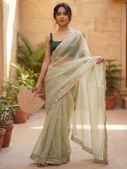 Akhilam - Women Green Net Solid Saree with Unstitched Blouse