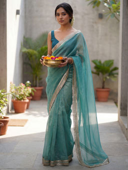 Akhilam - Women Blue Net Solid Saree with Unstitched Blouse