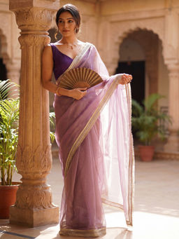 Akhilam - Women Lavender Net Solid Saree with Unstitched Blouse