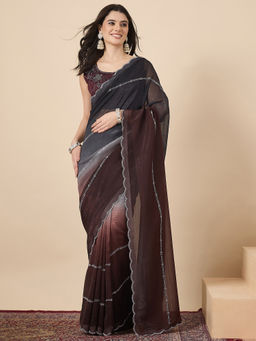 Sareemall - Women Chiffon Coffee Brown Embellished Saree With Unstitched Blouse