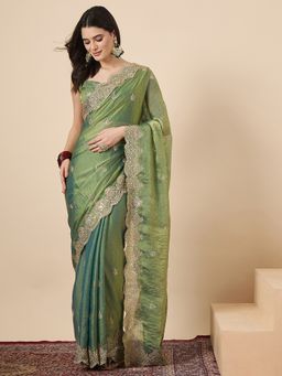 Sareemall - Women Chiffon Olive Embellished Saree With Unstitched Blouse