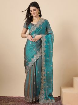Sareemall - Women Chiffon Teal blue Embellished Saree With Unstitched Blouse