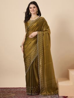 Sareemall - Women Satin Olive Embellished Saree With Unstitched Blouse
