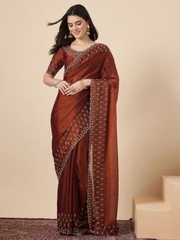 Sareemall - Women Satin Bronze Embellished Saree With Unstitched Blouse