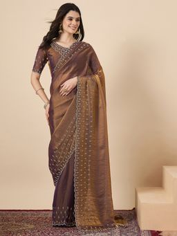 Sareemall - Women Satin Metallic Embellished Saree With Unstitched Blouse