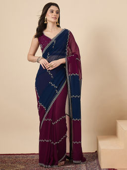 Sareemall - Women Georgette Navy Blue Half & Half Saree With Unstitched Blouse
