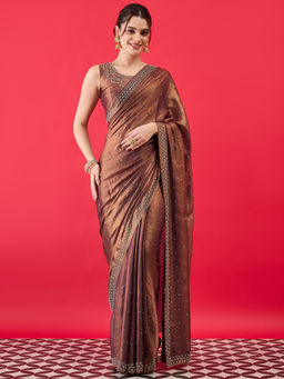 Sareemall - Women Satin Metallic Embellished Saree With Unstitched Blouse