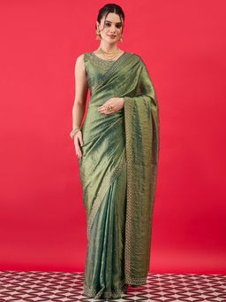 Sareemall - Women Satin Olive Embellished Saree With Unstitched Blouse