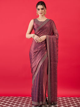 Sareemall - Women Satin Mauve Embellished Saree With Unstitched Blouse