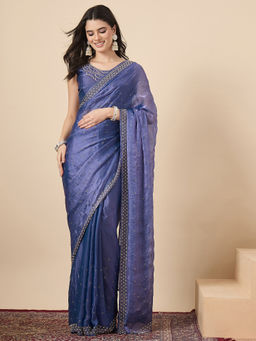 Sareemall - Women Satin Purple Embellished Saree With Unstitched Blouse
