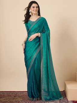 Sareemall - Women Satin Teal Embellished Saree With Unstitched Blouse