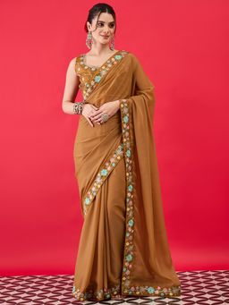 Sareemall - Women Poly Georgette Mustard Embroidered Saree With Unstitched Blouse
