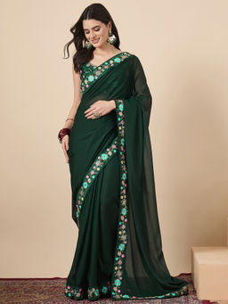 Sareemall - Women Poly Georgette Green Embroidered Saree With Unstitched Blouse