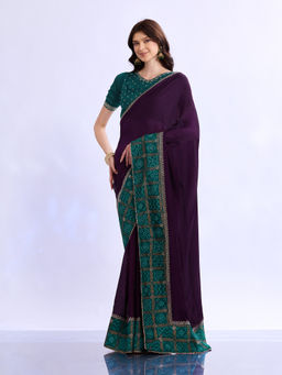 Akhilam - Women Purple Silk Embellished Saree with Unstitched Blouse