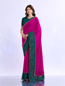 Akhilam - Women Magenta Silk Embellished Saree with Unstitched Blouse