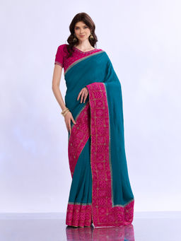 Akhilam - Women Teal Silk Embellished Saree with Unstitched Blouse