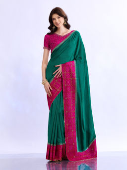 Akhilam - Women Teal Silk Embellished Saree with Unstitched Blouse
