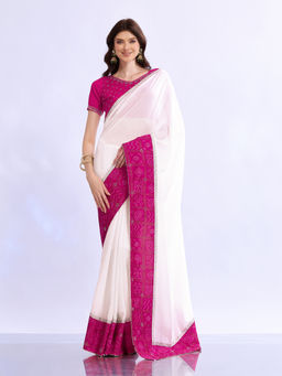 Akhilam - Women White Silk Embellished Saree with Unstitched Blouse