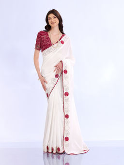 Akhilam - Women White Silk Embroidered Saree with Unstitched Blouse