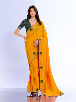 Akhilam - Women Yellow Silk Embroidered Saree with Unstitched Blouse