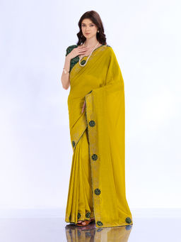 Akhilam - Women Olive Silk Embroidered Saree with Unstitched Blouse