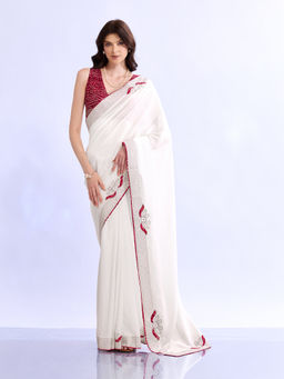 Akhilam - Women White Silk Embroidered Saree with Unstitched Blouse