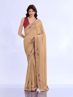 Akhilam - Women Beige Silk Embroidered Saree with Unstitched Blouse