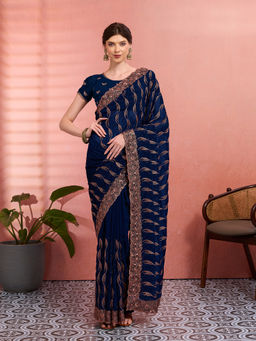Akhilam - Women Teal Georgette Embroidered Saree with Unstitched Blouse