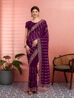 Akhilam - Women Purple Georgette Embroidered Saree with Unstitched Blouse