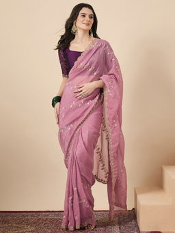 Sareemall - Women Chiffon Pink Embellished Saree With Unstitched Blouse
