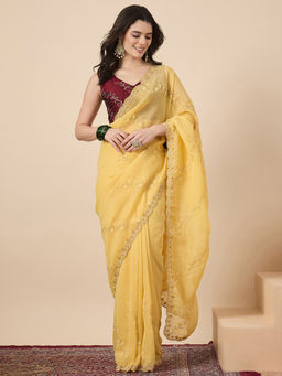 Sareemall - Women Chiffon Yellow Embellished Saree With Unstitched Blouse