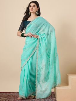 Sareemall - Women Chiffon Blue Embellished Saree With Unstitched Blouse