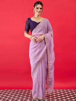 Sareemall - Women Chiffon Lavender Embellished Saree With Unstitched Blouse
