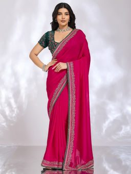 Akhilam - Women Pink Silk Embroidered Saree with Unstitched Blouse