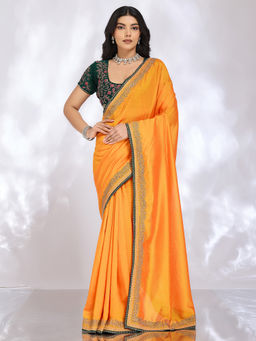 Akhilam - Women Yellow Silk Embroidered Saree with Unstitched Blouse