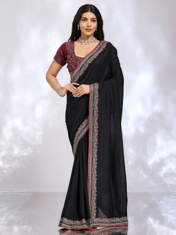 Akhilam - Women Black Silk Embroidered Saree with Unstitched Blouse