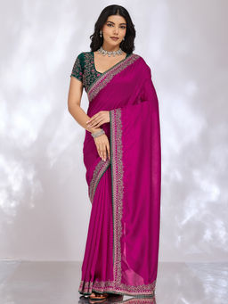 Akhilam - Women Magenta Silk Embroidered Saree with Unstitched Blouse