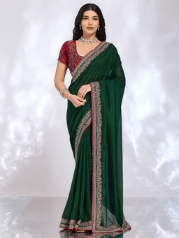 Akhilam - Women Green Silk Embroidered Saree with Unstitched Blouse