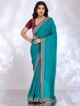 Akhilam - Women Blue Silk Embroidered Saree with Unstitched Blouse