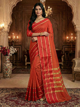Akhilam - Women Orange Art Silk Woven Saree with Unstitched Blouse