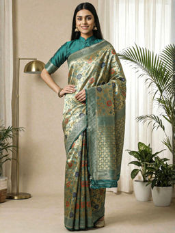 Akhilam - Women Teal Silk Blend Woven Saree with Unstitched Blouse