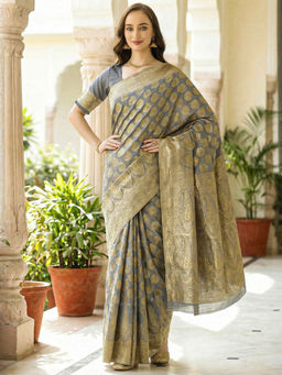 Akhilam - Women Grey Silk Blend Woven Saree with Unstitched Blouse
