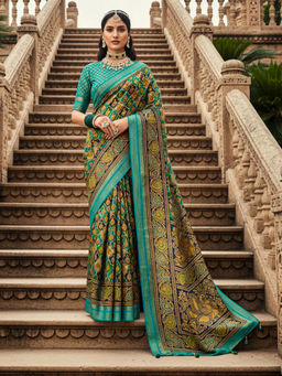 Akhilam - Women Navy Blue Georgette Woven Saree with Unstitched Blouse