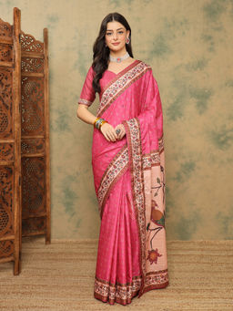 Akhilam - Women Pink Silk Blend Floral Saree with Unstitched Blouse