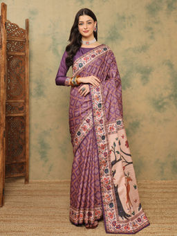 Akhilam - Women Purple Silk Blend Floral Saree with Unstitched Blouse